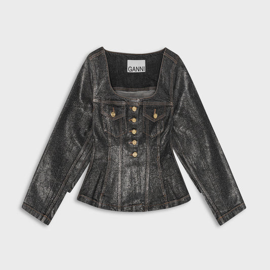 Ganni Shimmery Foil Denim Fitted Blazer - Washed Black | Kith